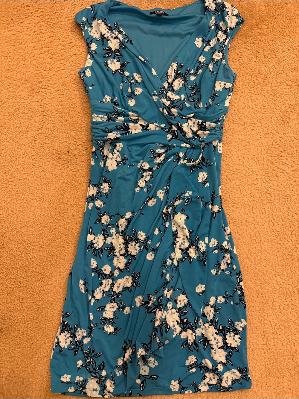 Chaps Teal Floral Faux-Wrap Midi Dress